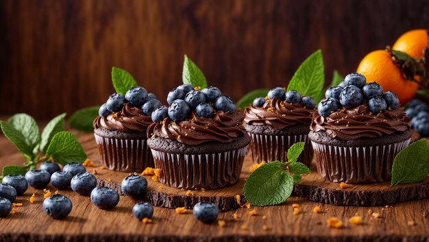 Cupcakes de chocolate com mirtilos na cozinha