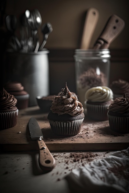 Cupcakes de chocolate em uma cozinha rústica Ilustração AI Generative