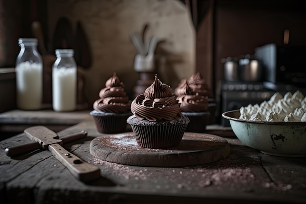 Cupcakes de chocolate em uma cozinha rústica