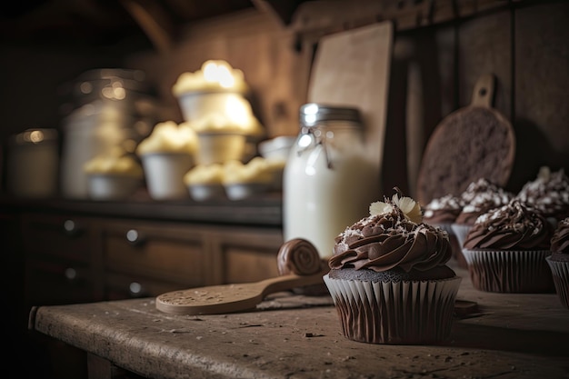 Cupcakes de chocolate em uma cozinha rústica