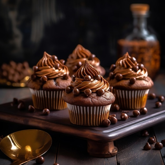 Cupcakes de chocolate na superfície de madeira Generative AI