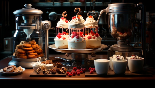 Cupcakes de chocolate recém-assados em uma mesa de madeira com café gerado por inteligência artificial