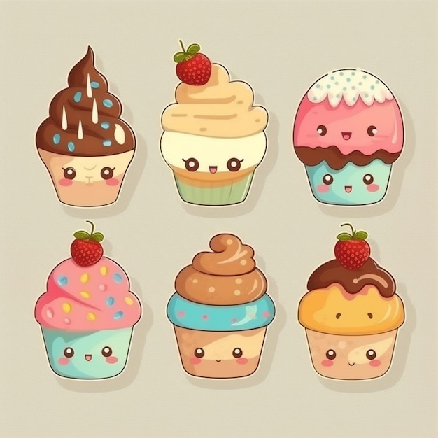 Foto cupcakes de desenho animado com diferentes rostos e coberturas sobre eles