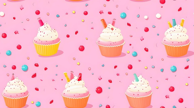 Foto cupcakes de desenho animado e padrão de salpicaduras em um fundo rosa pálido