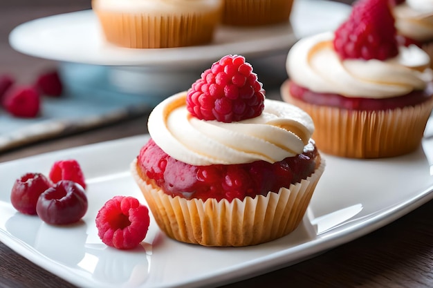 Cupcakes de framboesa em um prato com framboesas por cima