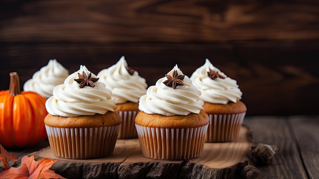 Cupcakes de Halloween com cobertura branca e abóbora em fundo de madeira IA generativa