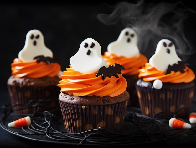 Cupcakes de Halloween com cobertura de laranja e branco