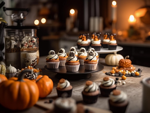 Cupcakes de Halloween de chocolate com abóboras e doces na mesa