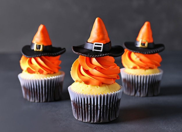 Cupcakes de Halloween decorados com chapéu de bruxa em fundo escuro