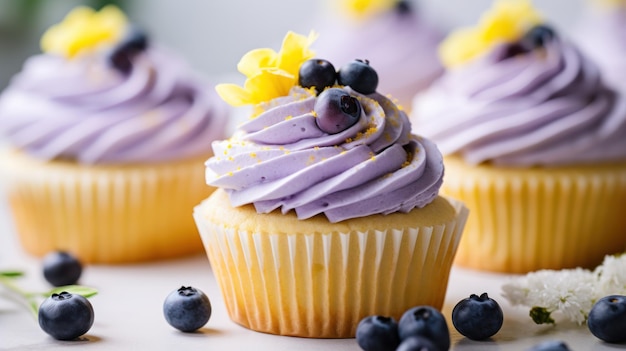 Cupcakes de limão com cobertura de mirtilo e mirtilos frescos por cima