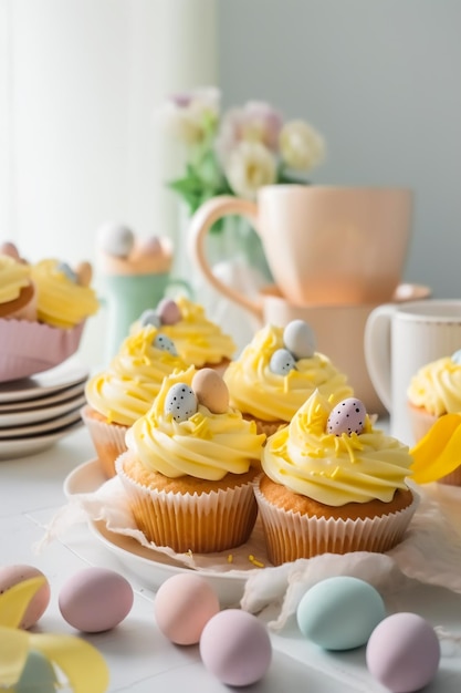 Foto cupcakes de limão de pastelaria de páscoa com glacê de creme de manteiga amarelo decorado com confeitos e ovos de chocolate interior de cozinha de mesa festiva