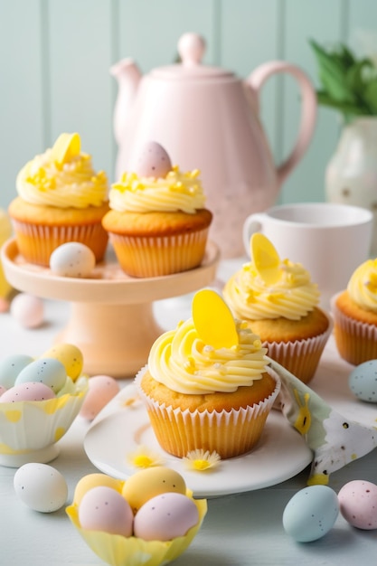 Foto cupcakes de limão de pastelaria de páscoa com glacê de creme de manteiga amarelo decorado com confeitos e ovos de chocolate interior de cozinha de mesa festiva