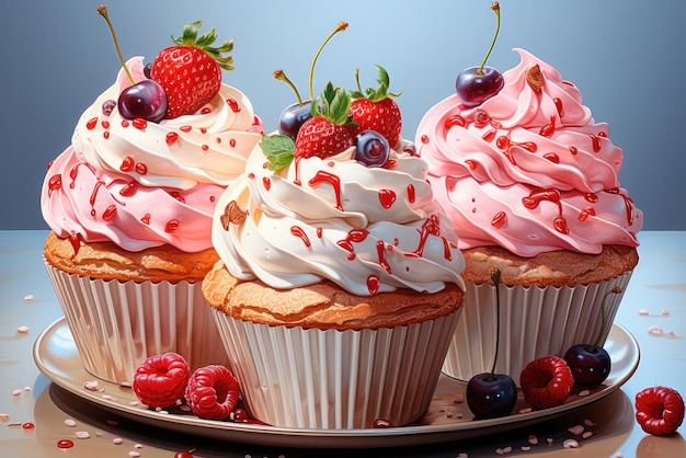 Cupcakes deliciosos com creme e bagas em um fundo claro