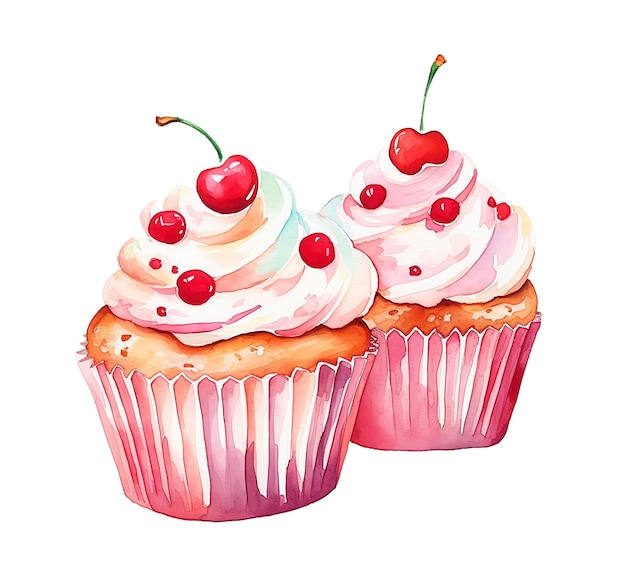 Cupcakes deliciosos em aquarela com cereja fresca isolada em fundo branco Pode ser usado para design de anúncio de café de menu etc