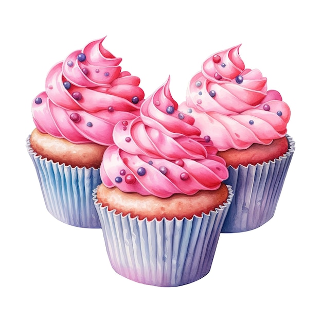 Cupcakes deliciosos em aquarela Ilustração alimentar de sobremesa colorida de massa doce para pacote de menu