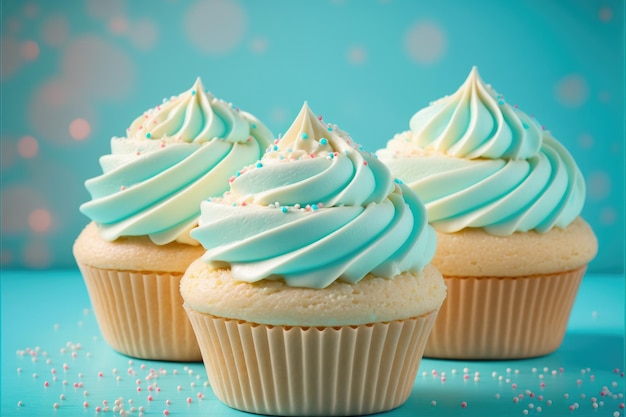 Cupcakes deliciosos em fundo azul Espaço para texto Generative AI