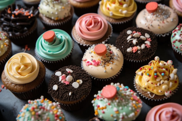Cupcakes em diferentes sabores com redemoinhos decorativos e granulados criados com IA generativa