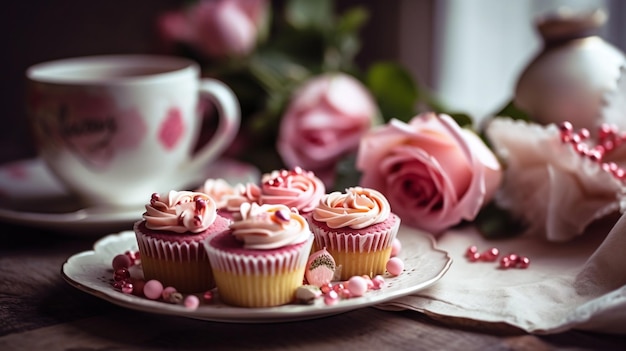 Cupcakes em um prato com uma xícara de chá na mesa