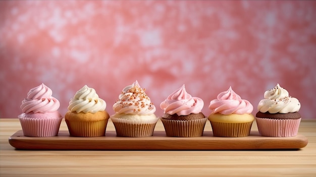 Cupcakes em uma mesa de madeira em um fundo rosa Generative AI