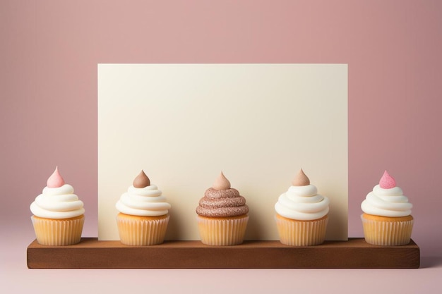 Foto cupcakes en un estante con un cartel en blanco que dice cupcakes.