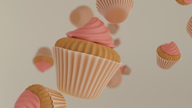 Cupcakes fallen 3D Render Bunte minimale Designkarte mit hellem Hintergrund