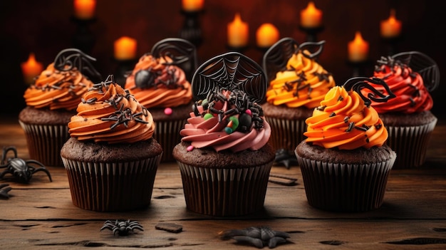 Cupcakes festivos de Halloween e guloseimas decoradas com confeitos e doces gerados por IA