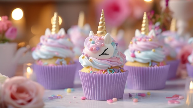 Cupcakes de fiesta de cumpleaños con tema de unicornio lindo 8k UHD Generative Ai