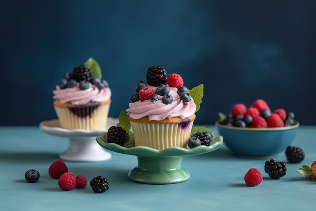 Cupcakes con fondo azul y un tazón de moras sobre la mesa.