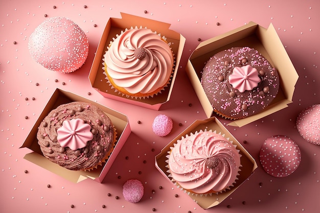 Cupcakes für Muttertag, Frauengeburtstag oder andere festliche Anlässe Pinkfarbene Geschenkboxen Köstliche Schokoladen-Cupcakes mit Streuseln und Papierdekorationen Zeit für eine Party