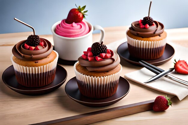 Cupcakes con glaseado de chocolate y una fresa encima