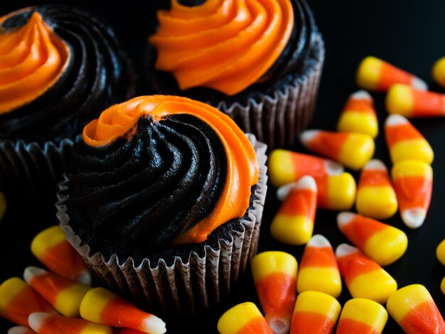 Cupcakes de Halloween decorados con glaseado arremolinado negro y naranja.