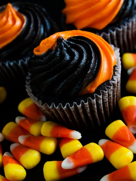 Cupcakes de Halloween decorados con glaseado arremolinado negro y naranja.