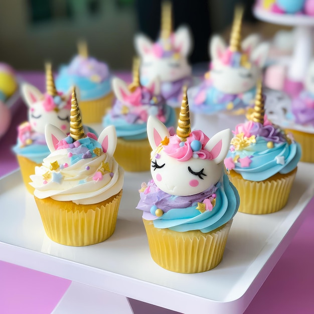 Cupcakes in verschiedenen Farben und mit dem Einhorn darauf liegen auf einem Tablett.