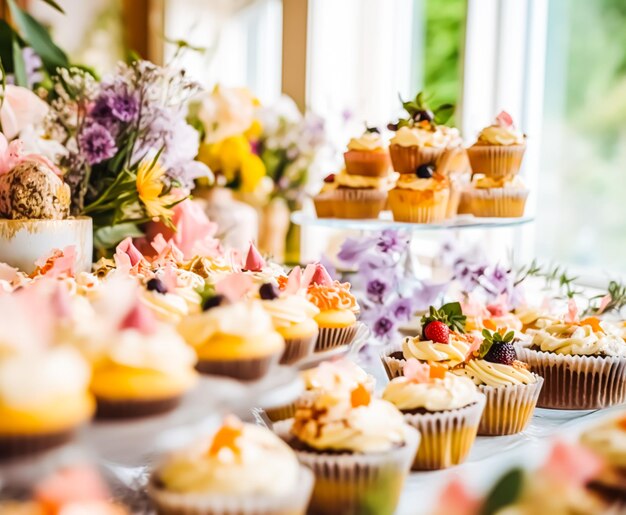Cupcakes, Kuchen, Scones und Muffins sowie Weihnachtsdekoration im Freien im Garten im englischen Landhausstil, süße Desserts für Hochzeit, Geburtstag oder Party, generative KI