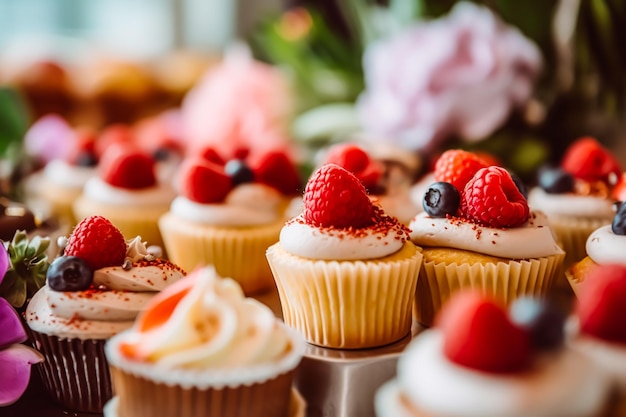 Cupcakes, Kuchen, Scones und Muffins sowie Weihnachtsdekoration im Freien im Garten im englischen Landhausstil, süße Desserts für Hochzeit, Geburtstag oder Party, generative KI