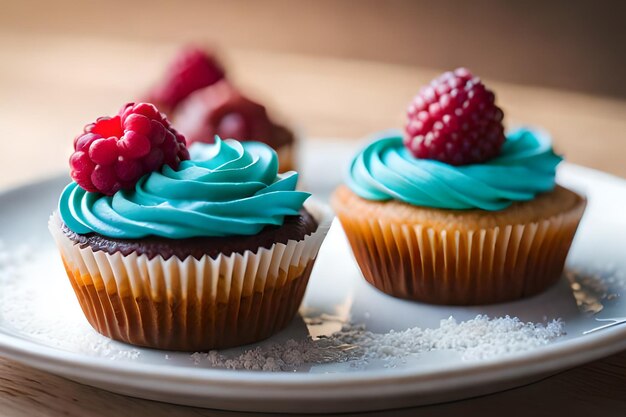 Cupcakes mit blauem Zuckerguss auf einem Teller mit Himbeeren