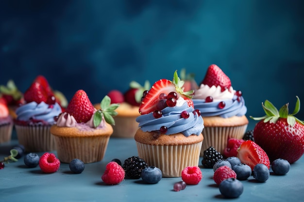 Cupcakes mit blauem Zuckerguss und Beeren auf blauem Hintergrund