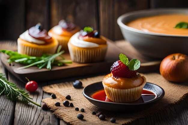 Foto cupcakes mit einem teller erdbeermarmelade und einer schüssel erdbeeren.