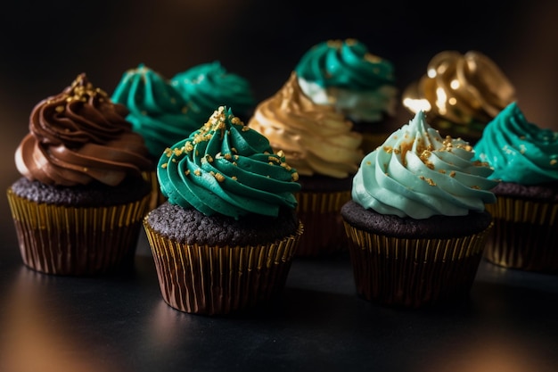 Cupcakes mit grünem und goldenem Zuckerguss auf einem schwarzen Tisch