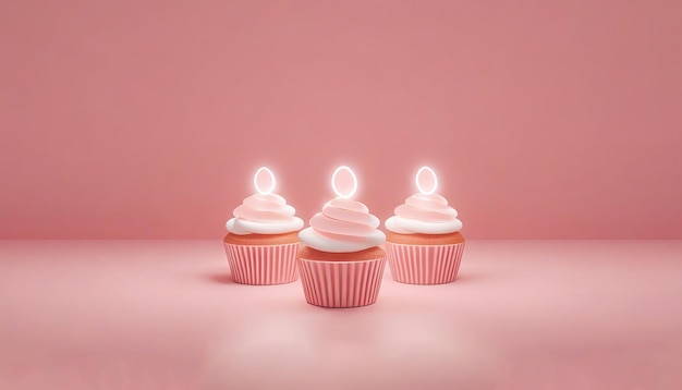 Foto cupcakes mit kerzenlicht auf rosa hintergrund 3d-rendering