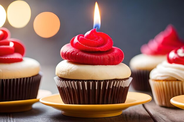 Cupcakes mit leuchtender Kerze auf dem Tisch toprealistisch