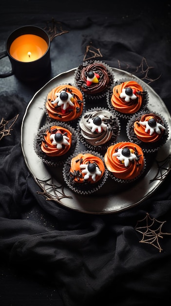 Cupcakes mit orangefarbenem und schwarzem Glasur und einer schwarz-weißen Blume oben