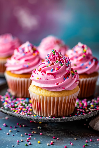 Cupcakes mit rosa Glasur und Sprinkles auf dem Tablett