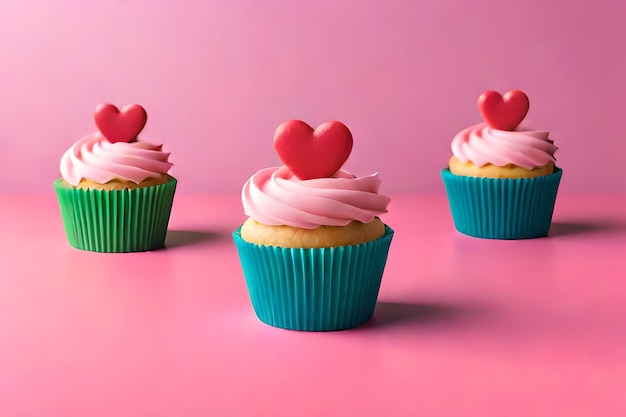 Cupcakes mit rosa Herzen oben liegen auf einem rosa Hintergrund.