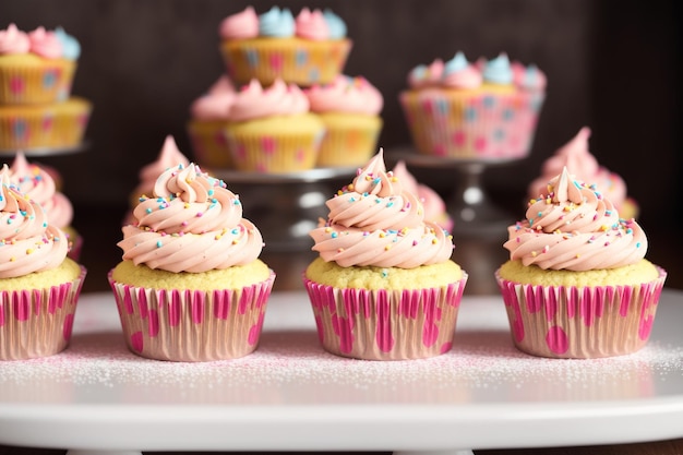 Cupcakes mit rosa Zuckerguss und Streuseln auf einem Tisch