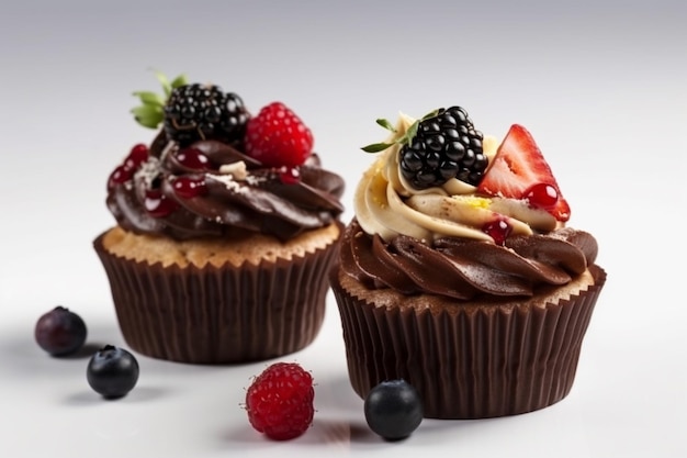 Cupcakes mit Schokoladenglasur und Beeren auf weißem Hintergrund