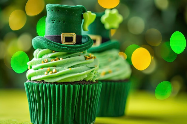 Cupcakes mit St. Patrick-Hut auf Bokeh-Hintergrund