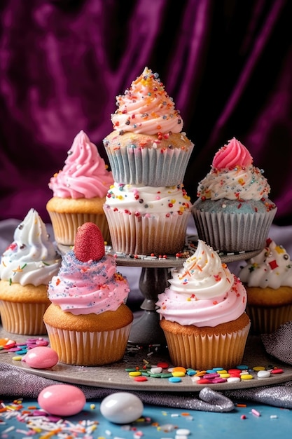 Cupcakes mit verschiedenen Glasuren und Streuseln, erstellt mit generativer KI