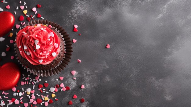 Foto cupcakes mit zuckerherzen zum valentinstag auf rotem hintergrund