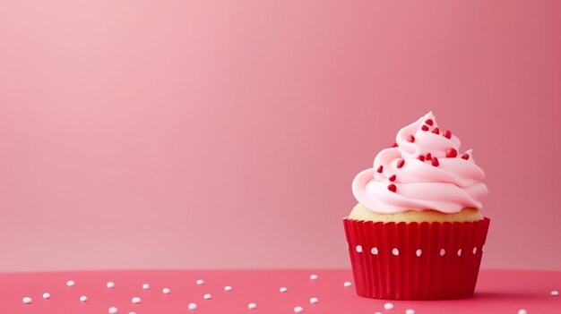 Cupcakes mit Zuckerherzen zum Valentinstag auf rotem Hintergrund